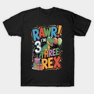 Kids Three Rex Birthday Party T-Shirt